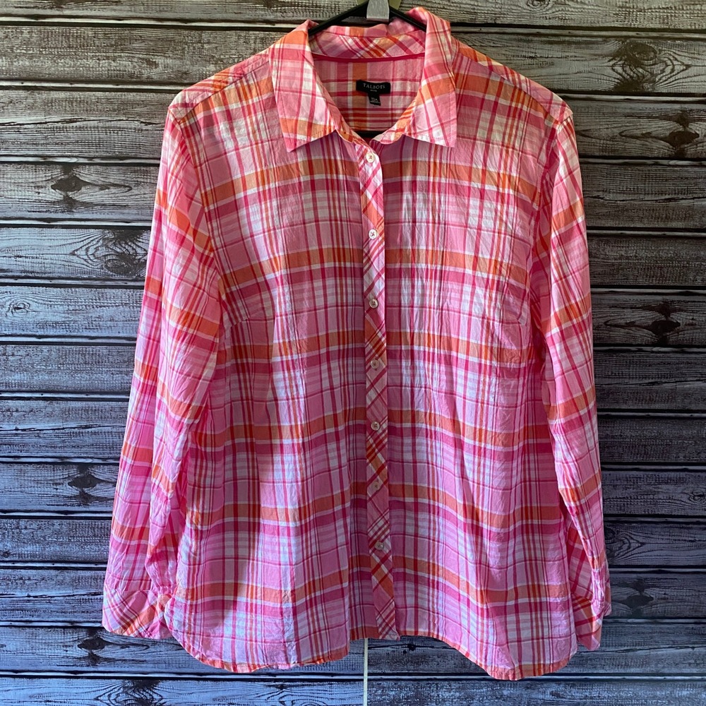 Talbots Women's Long-Sleeved Button-Down Top Size XLP Pink Plaid Lightweight